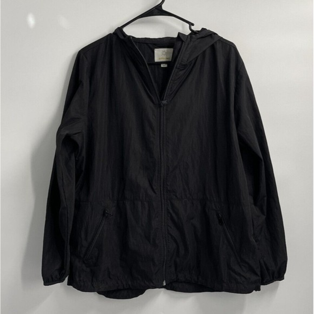 OFFLINE by Aerie Small Windbreaker Jacket Women Black Hooded Full Zip Crinkle